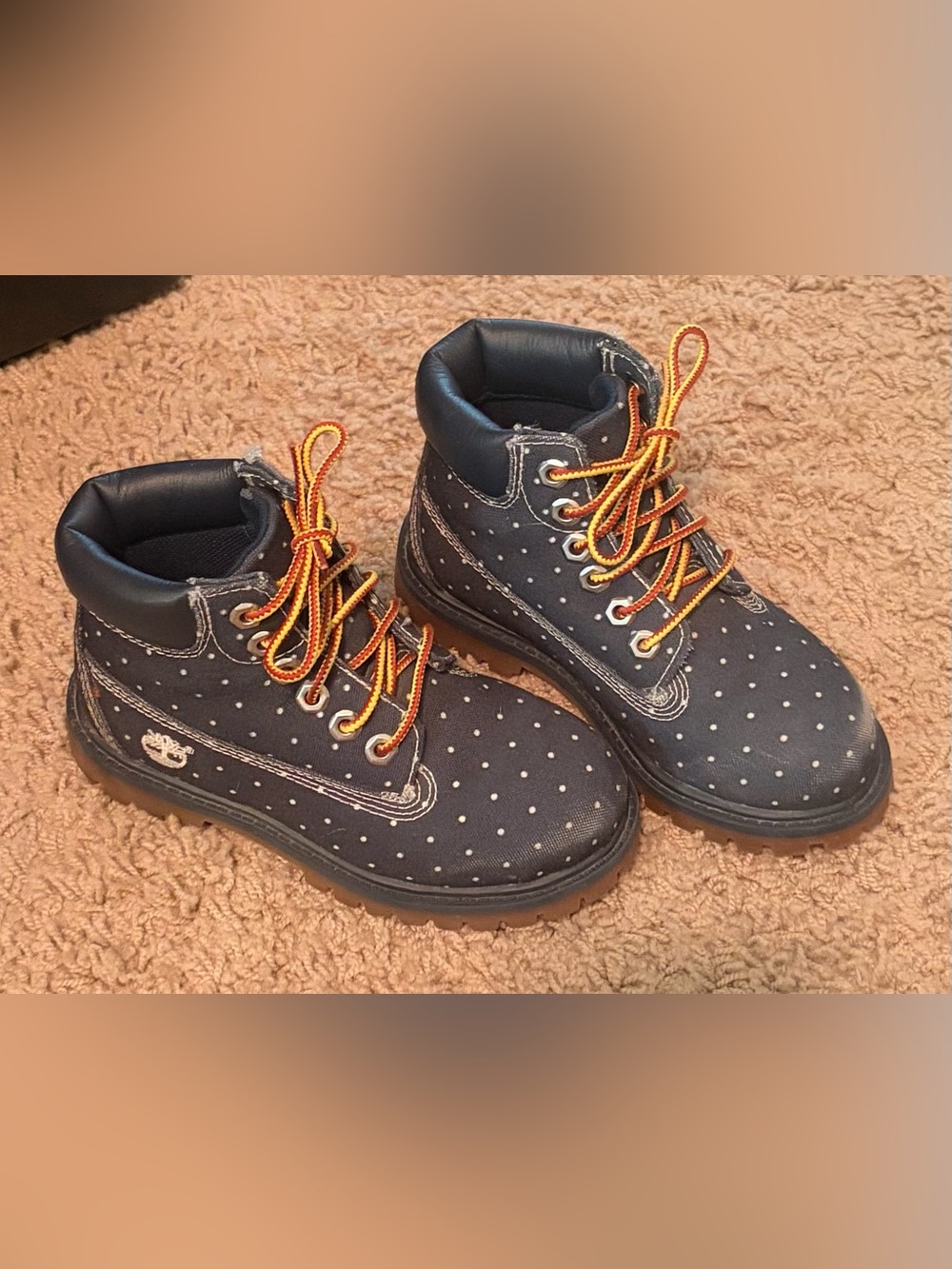 Timberland Kids Navy Polka Dot Boots with Orange Accent Laces